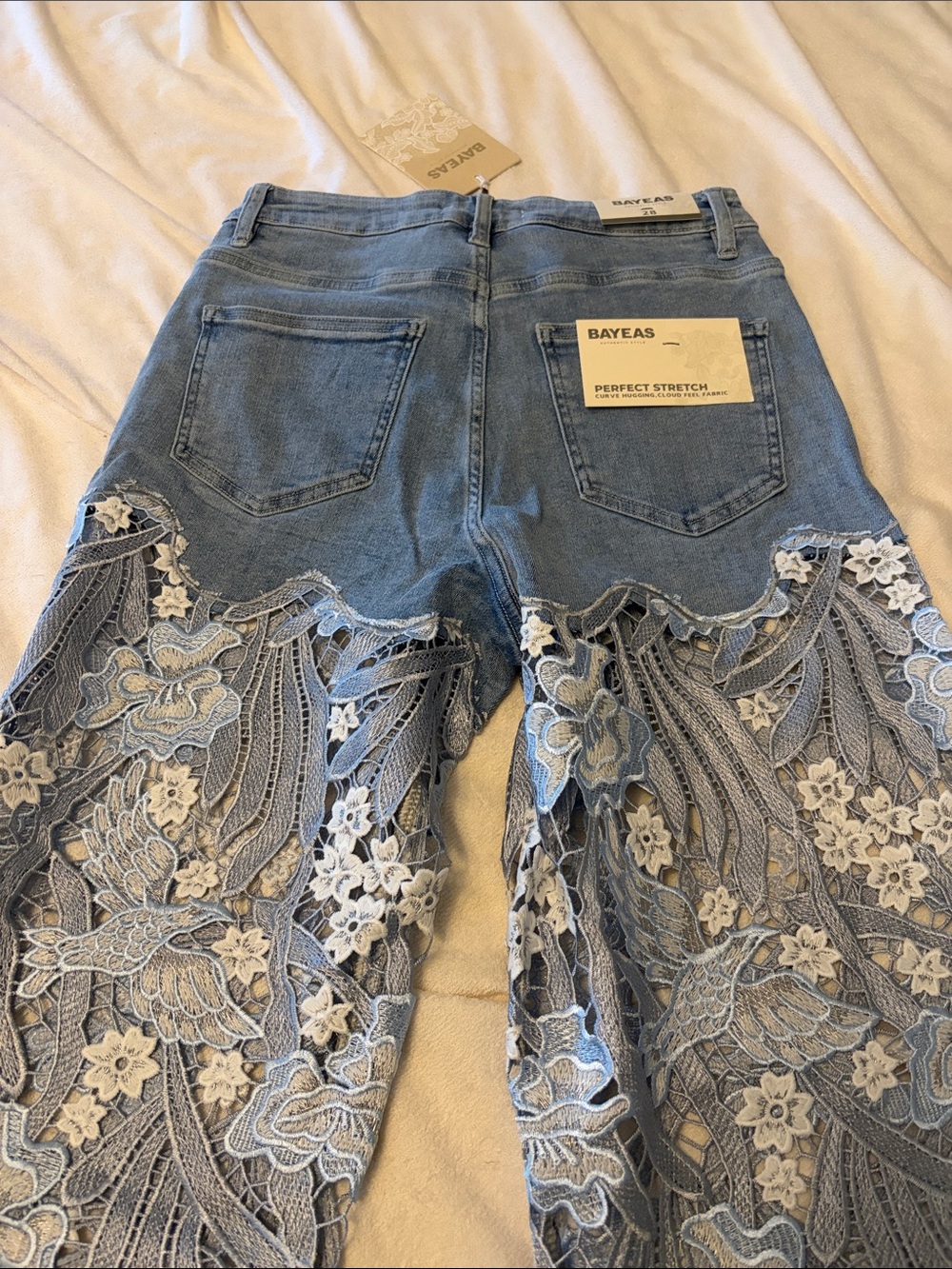 Light Blue Lace-Overlay Wide-Leg Jeans - Women - Picture 4 of 5